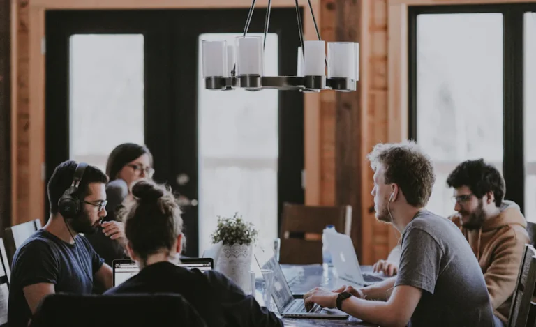 A team working together in a bright office